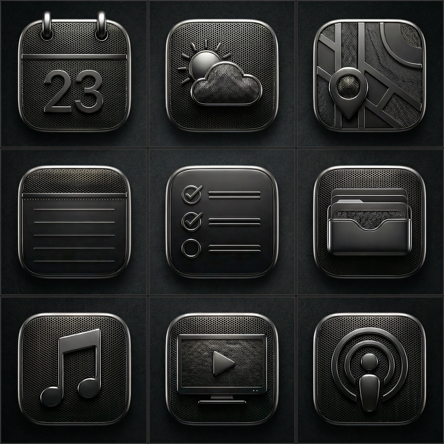 Pack de Ícones Industrial Dark Metálico iOS & Android + Wallpapers - 180 Ícones 3D & 26 Fundos HD