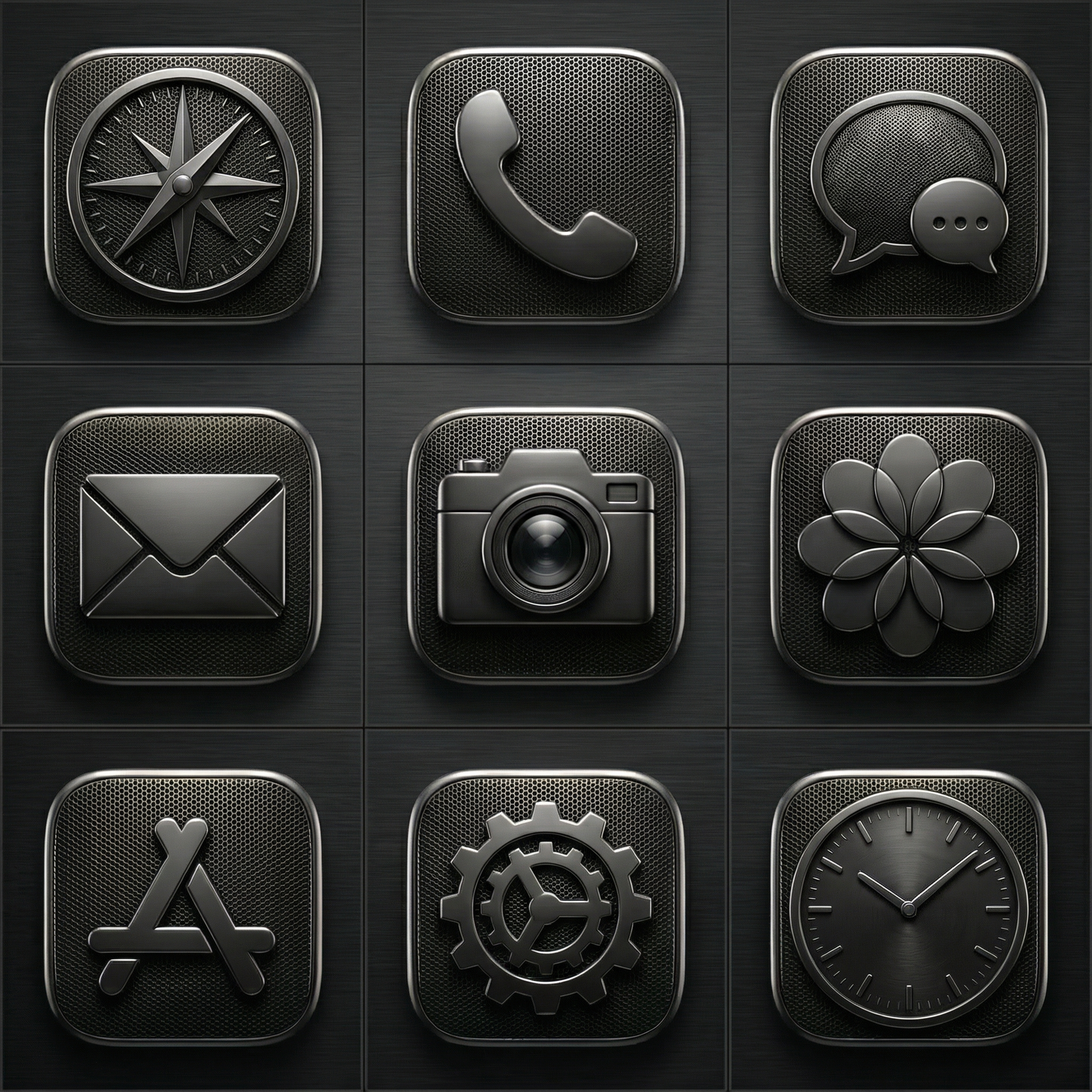 Pack de Ícones Industrial Dark Metálico iOS & Android + Wallpapers - 180 Ícones 3D & 26 Fundos HD