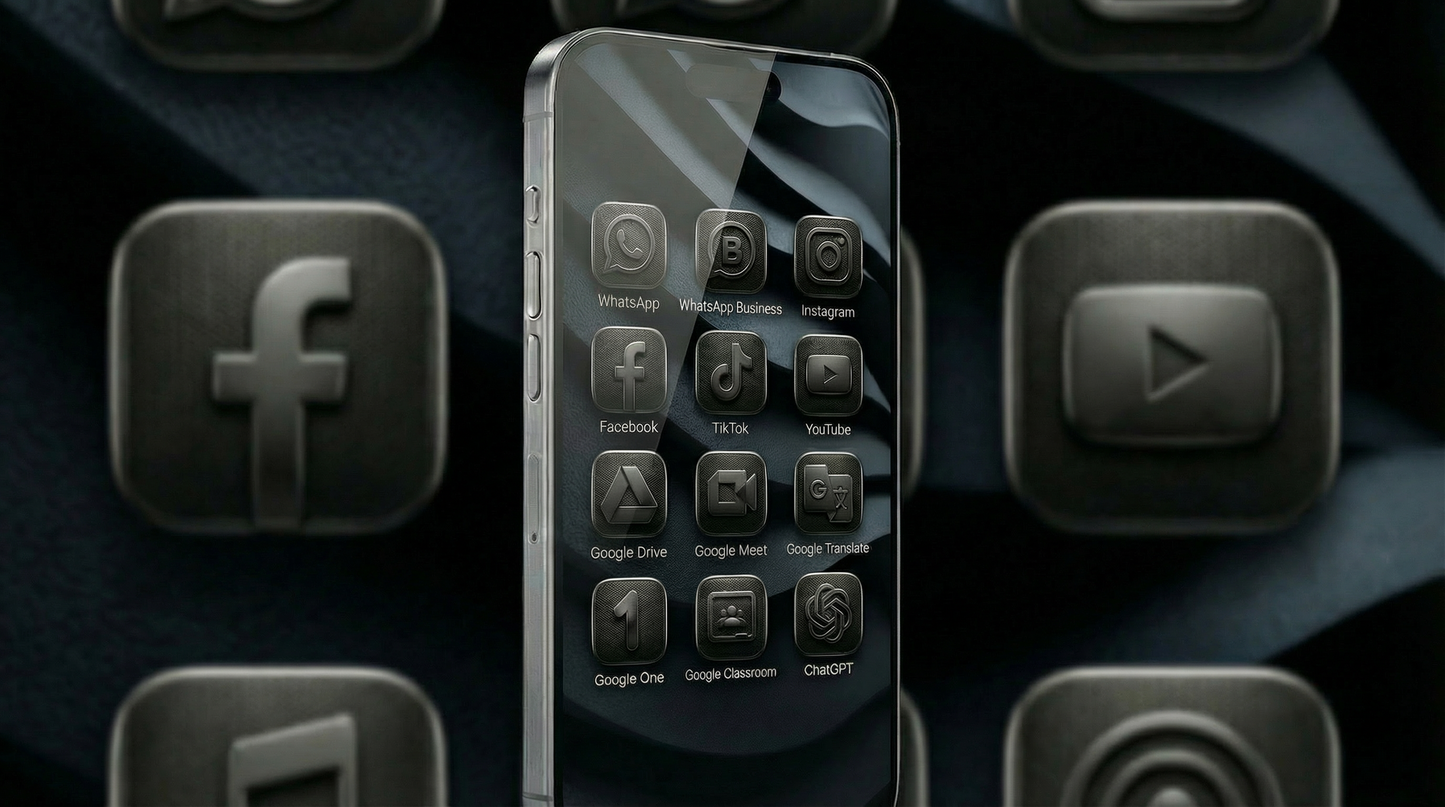 Pack de Ícones Industrial Dark Metálico iOS & Android + Wallpapers - 180 Ícones 3D & 26 Fundos HD