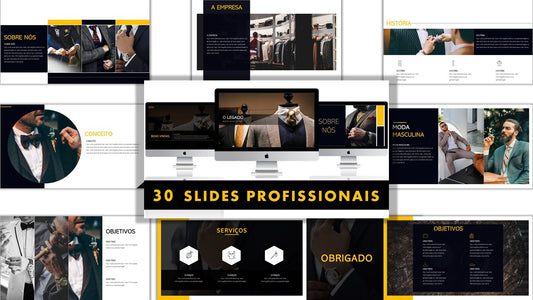 Template PowerPoint Moda Masculina - 30 Slides Profissionais Multiusos